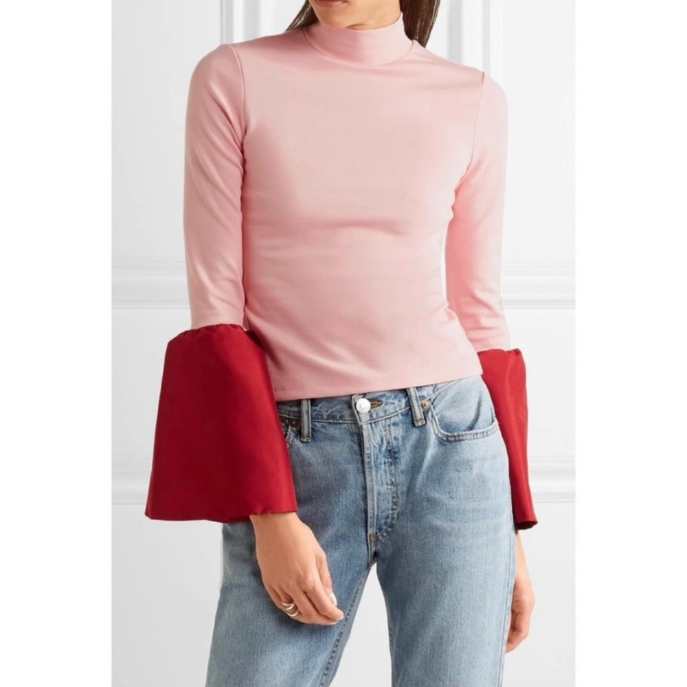 STAUD Pink Red Flare Sleeve Colorblock Mock Neck
Long Sleeve Blouse size M